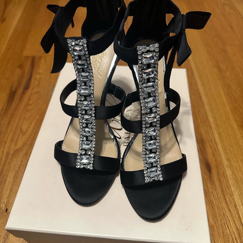 Jewel Badgley Mischka Satin Heels with Rhinestone Straps
